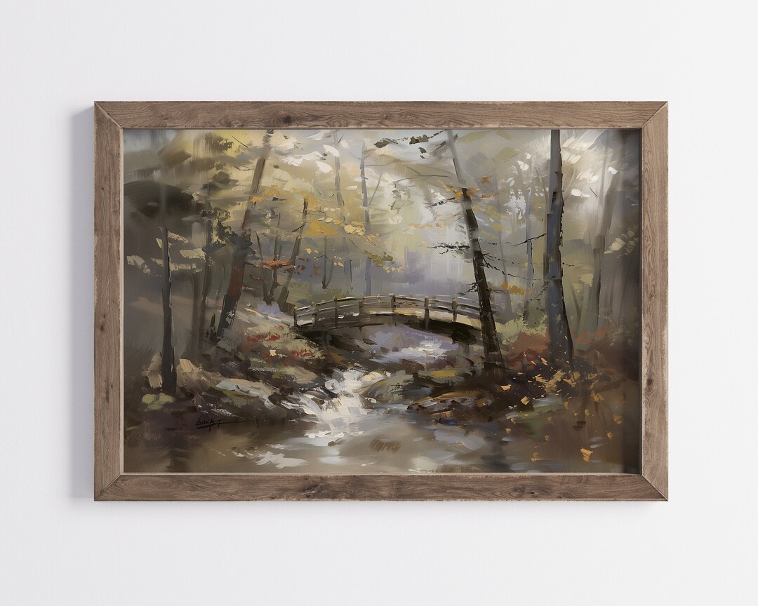 Vintage Moody Forest Landscape Painting, Dark Academia Bridge Wall Art ...