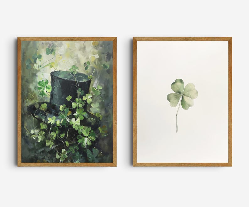 May include: Two framed prints, one with a black top hat surrounded by green shamrocks and the other with a single green four-leaf clover.