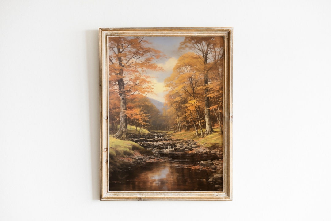 Vintage Autumn Moody Forest Painting Rustic Fall Landscape Print ...