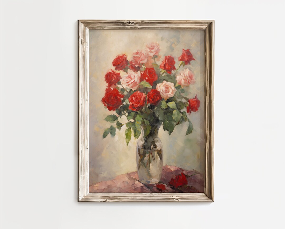 Pink and Red Roses Valentines Day Decor, Valentines Digital Print, Romantic Floral Wall Art