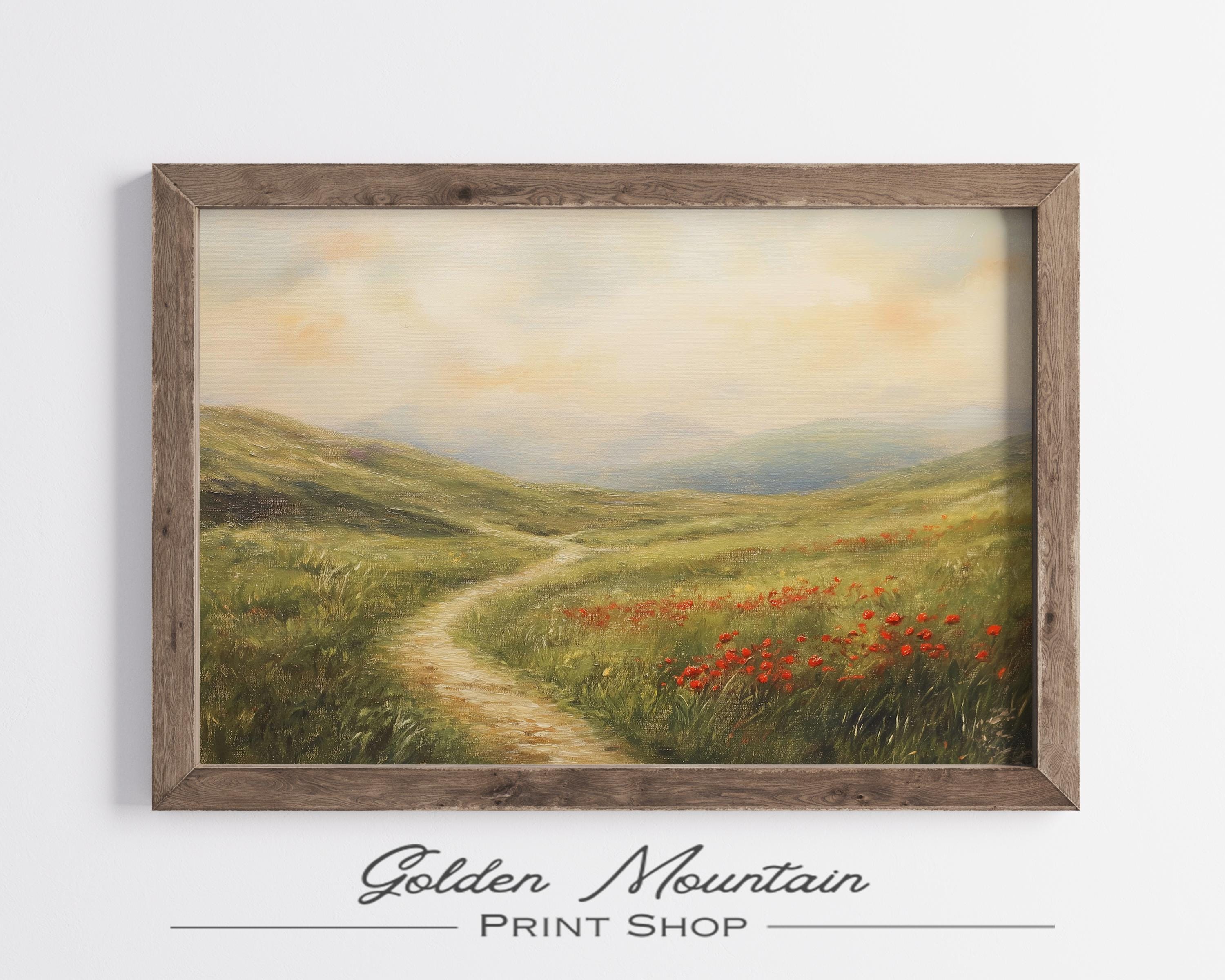 Printable Red Spring Landscape, Vintage Wildflower Field Painting ...