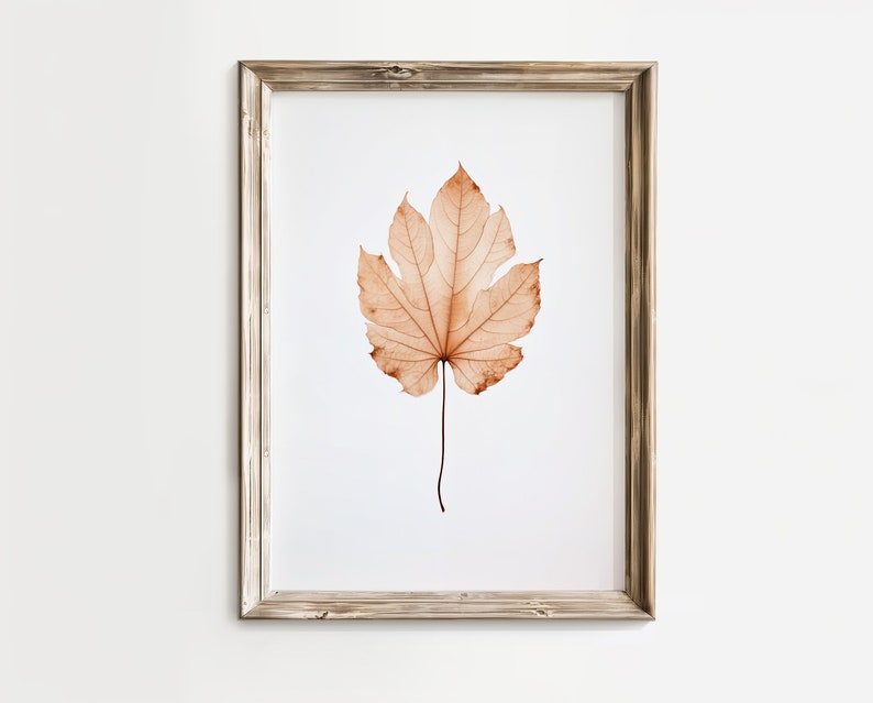 May include: A framed print featuring a single, dried maple leaf. The leaf is a warm, earthy orange color with intricate veining, set against a white background. The frame is a rustic, weathered wood.