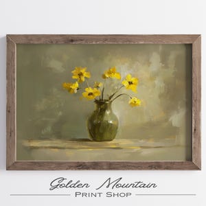 Printable Yellow Flowers Vintage Painting, Spring Botanical Wall Art, Vintage Floral Print, Moody Wall Print Decor, Digital Download Art