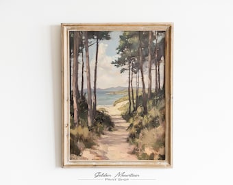 Coastal Printable Beach Forest Painting, Vintage Summer Beach Print Farmhouse Print, Summer Neutral Wall Art, Ocean Landscape Digital Print