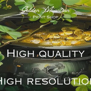 May include: A close-up of a dark green plant with a black pot and a gold-colored liquid inside. The text "Golden Mountain Print Shop" is visible at the top of the image. The words "High Quality" and "High Resolution" are also visible in white text.