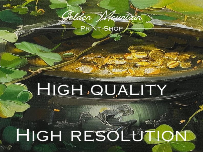 May include: A close-up of a dark green plant with a black pot and a gold-colored liquid inside. The text "Golden Mountain Print Shop" is visible at the top of the image. The words "High Quality" and "High Resolution" are also visible in white text.