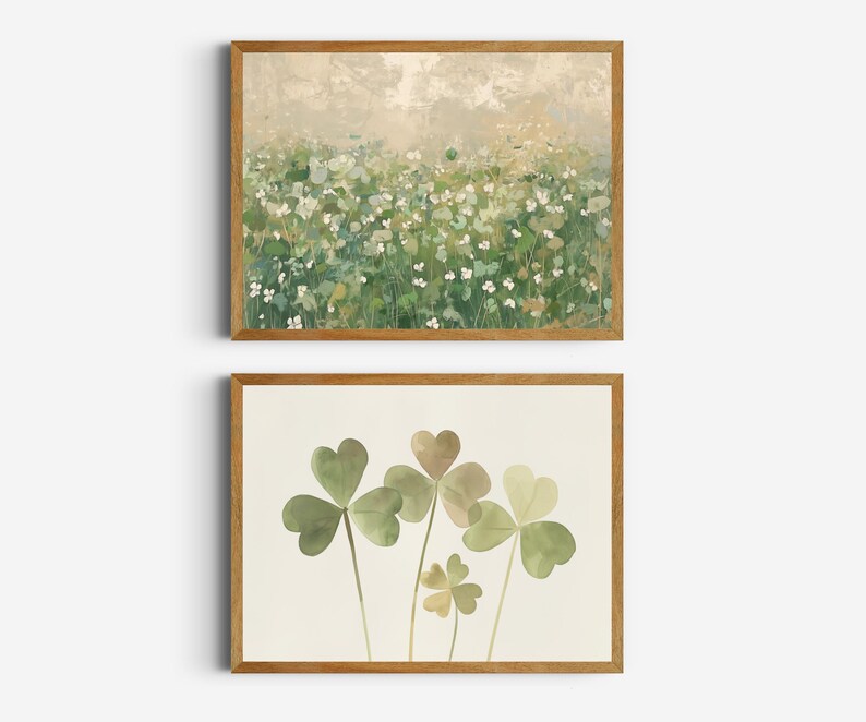 May include: Two framed prints with a nature theme. The top print features a field of white flowers with green foliage. The bottom print features a cluster of green shamrock leaves.