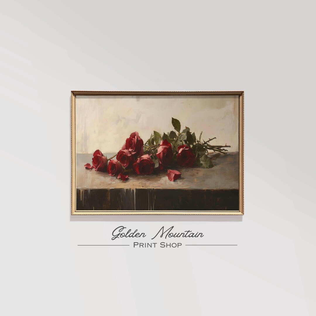 Fallen Red Roses Still Life Oil Painting Vintage Floral Wall Art ...