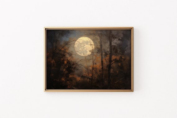 Halloween Wall Print Halloween Autumn Landscape Painting Forest Moon Painting Halloween Decor Rustic Fall Art Vintage Wall Print Halloween