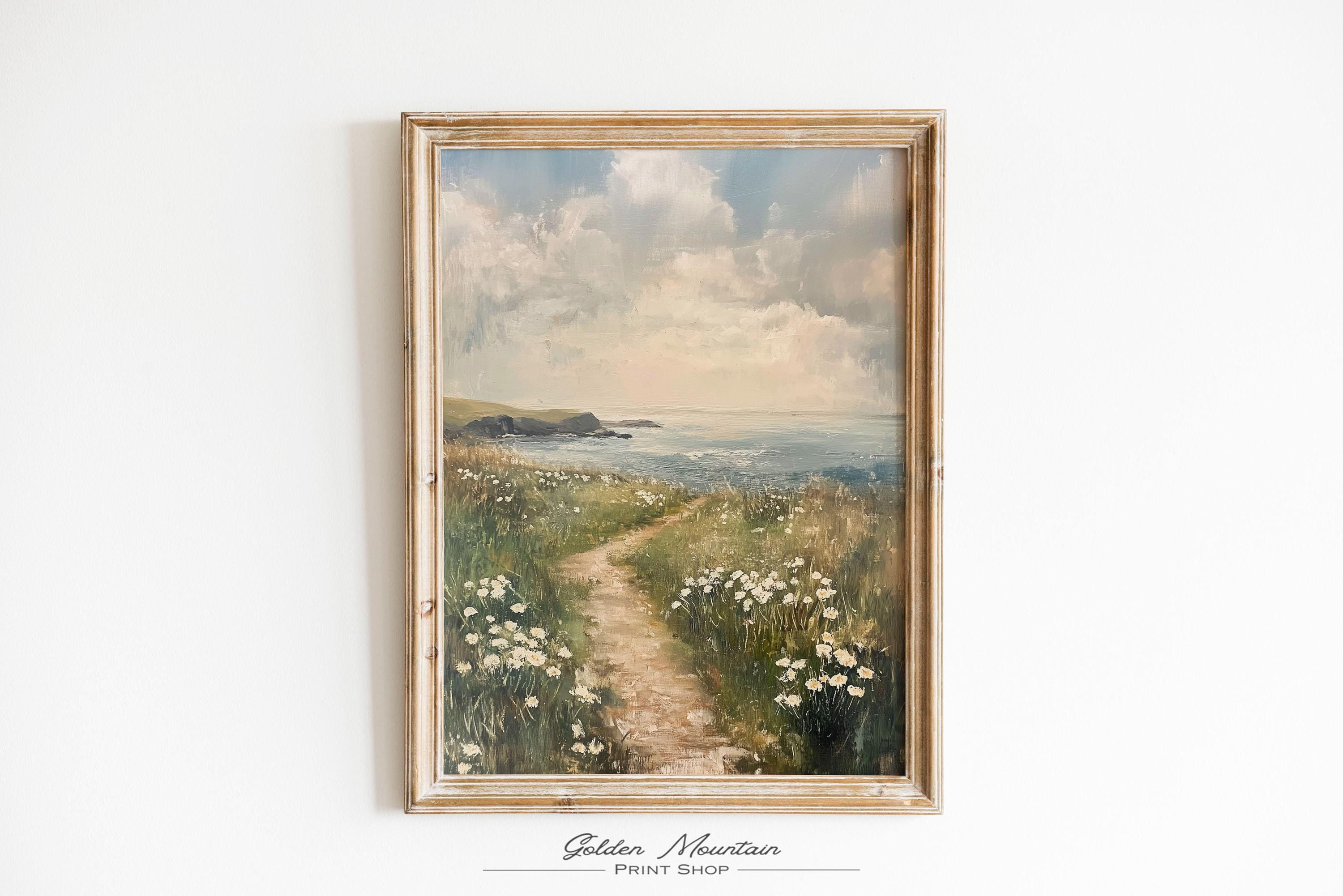 Coastal White Wildflower Painting, Summer Vintage Beach Farmhouse Digital Print, Moody Floral Landscape, Flower Field Spring Sea Wall Art