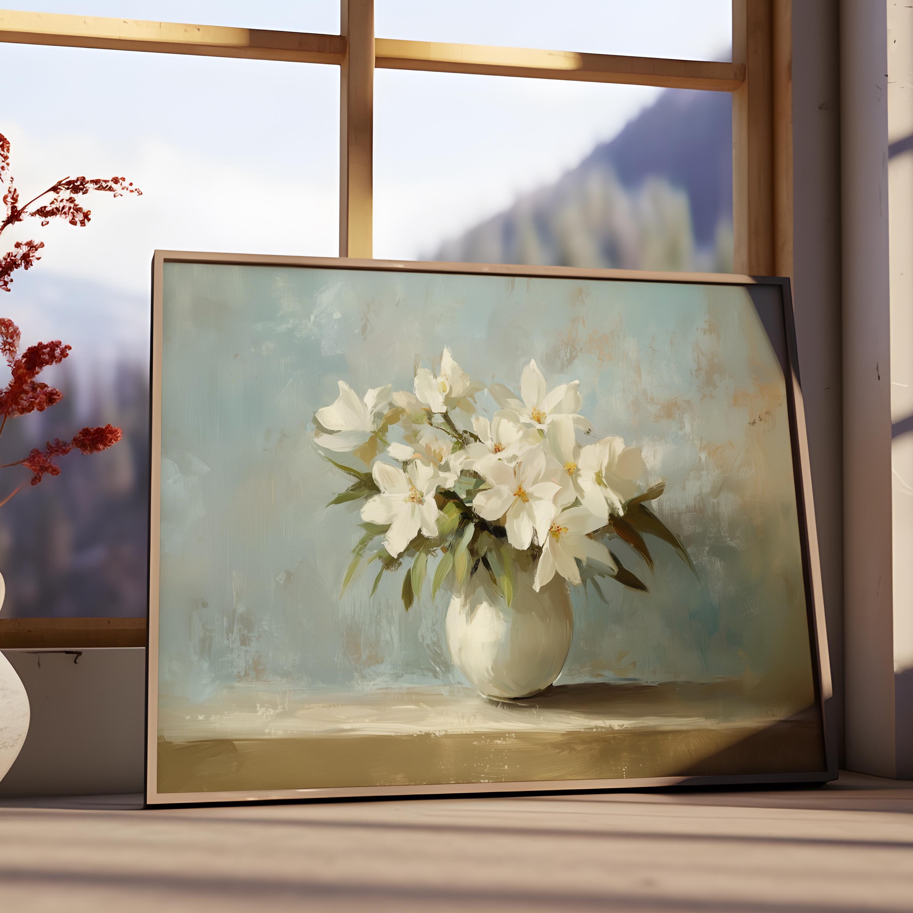 Printable White Flowers Vintage Painting, Botanical Spring Wall Art ...