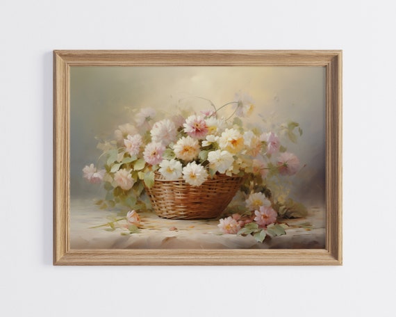 Wildflower Basket Painting, Vintage Spring Print, Farmhouse Wall Decor, Neutral Flower Art, Easter Floral Digital Download, Antique Summer