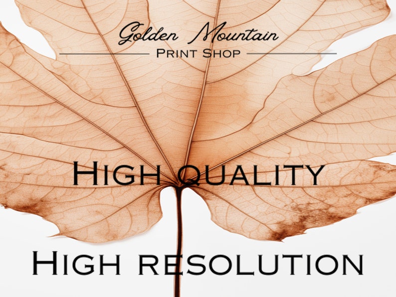 May include: A sepia-toned image of a large leaf with prominent veins. The text "Golden Mountain PRINT SHOP" is at the top, with "HIGH QUALITY" and "HIGH RESOLUTION" below. The leaf is centered, with a white background.