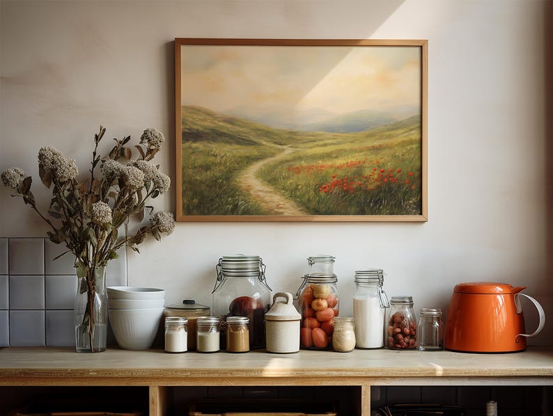 Printable Red Spring Landscape, Vintage Wildflower Field Painting ...