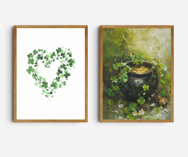 May include: Two framed prints with a St. Patrick's Day theme. The first print features a heart shape made of green shamrocks. The second print shows a pot of gold with shamrocks growing around it.