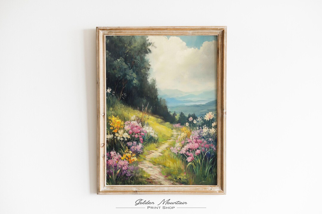 Spring Mountain Printable Floral Landscape Painting, Vintage Wildflower ...