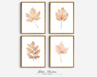 Set of 4 Neutral Fall Leaf Prints – Minimalist Botanical Wall Art, Autumn Farmhouse Nature Digital Download, Modern Seasonal Home Decor