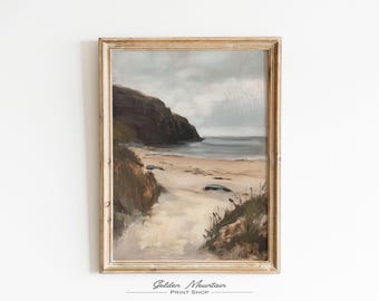 Moody Coastal Printable Oil Painting, Vintage Dark Landscape Painting, Neutral Coastal Wall Art Beach Print, Summer Print Ocean Print