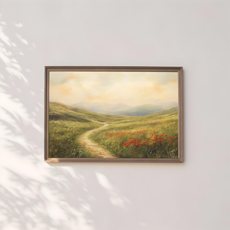 Printable Red Spring Landscape, Vintage Wildflower Field Painting ...
