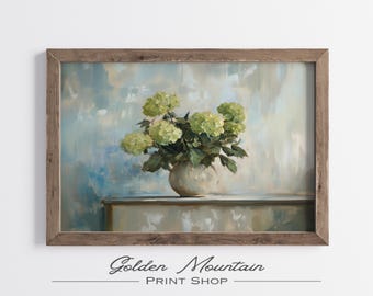 Grüne Blumen Malerei, Vintage Blumen Stillleben Malerei, Frühling Wand Kunst Digitaldruck, Neutral Wand-Dekor, druckbare Kunst, antik schwermütig