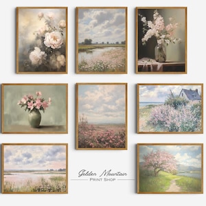 Vintage Pink Spring Print Set of 8, Spring Floral Prints Countryside Decor, Flower Landscape Digital Download Art, Spring Printable Wall Art