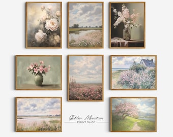 Puede incluir: Un conjunto de nueve impresiones enmarcadas que representan escenas florales y paisajes. Las impresiones son todas de un estilo similar, con colores suaves y un ambiente romántico. Las impresiones son perfectas para añadir un toque de elegancia a cualquier habitación.