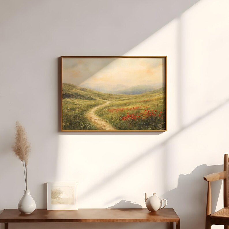 Printable Red Spring Landscape, Vintage Wildflower Field Painting ...
