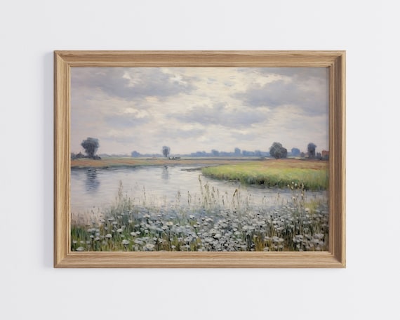 Vintage Blue Flowers Landscape Art, Neutral Countryside Marsh Painting, Spring Wall Art, Summer Floral Digital Print, Printable Home Decor