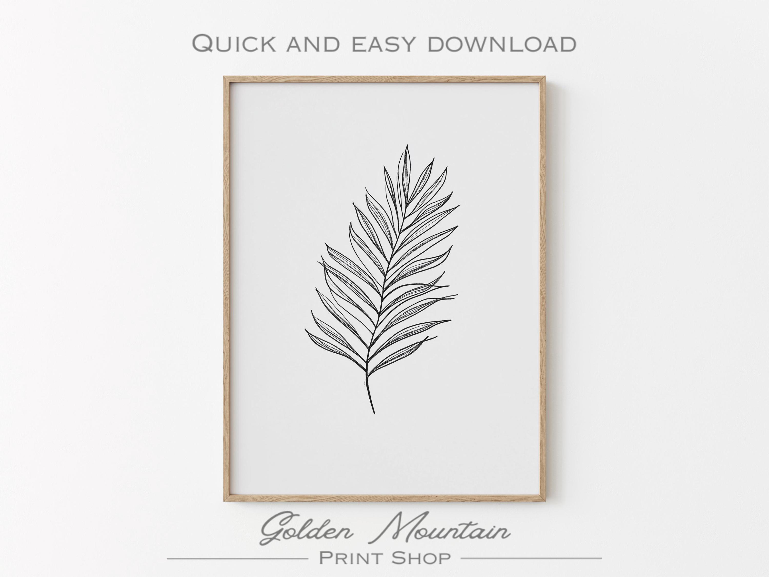 Minimalist Palm Leaf Line Art – Botanical Wall Print, Black and White ...