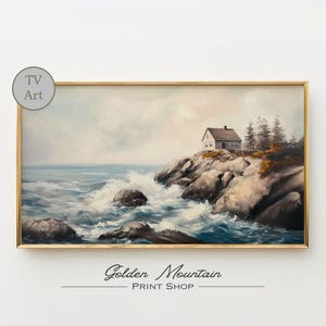 Moody Coastal Cottage TV Art, Summer Seascape Samsung Frame TV Art, Ocean Waves Tv Art, Vintage Cottagecore Beach Tv Art. Neutral Wall Art