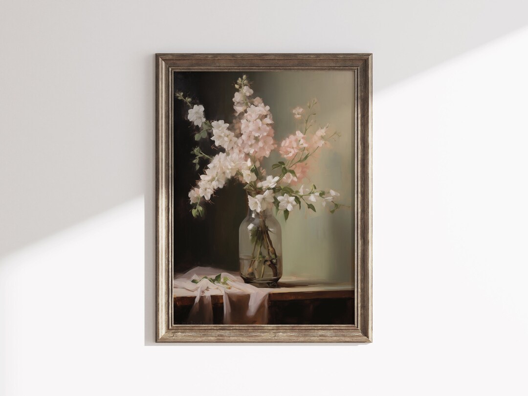 Moody Pink Floral Oil Painting Printable Dark Vintage Flower Still Life ...