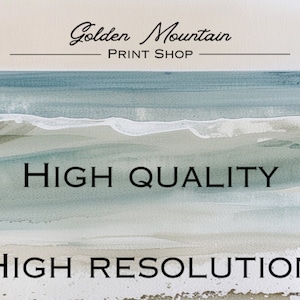 K&ouml;nnte beinhalten: Ein Aquarellbild einer Strandszene mit blauem Meer, wei&szlig;en Wellen und einem Sandstrand. Der Text "HIGH QUALITY" und "HIGH RESOLUTION" ist auf dem Bild gedruckt.