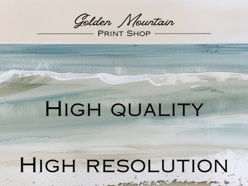 K&ouml;nnte beinhalten: Ein Aquarellbild einer Strandszene mit blauem Meer, wei&szlig;en Wellen und einem Sandstrand. Der Text "HIGH QUALITY" und "HIGH RESOLUTION" ist auf dem Bild gedruckt.