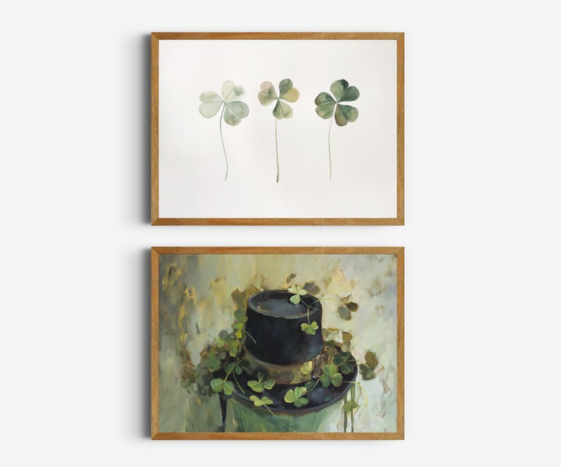 May include: Two framed prints, one with three green four-leaf clovers, the other with a black top hat with green four-leaf clovers on top, against a green and white background.