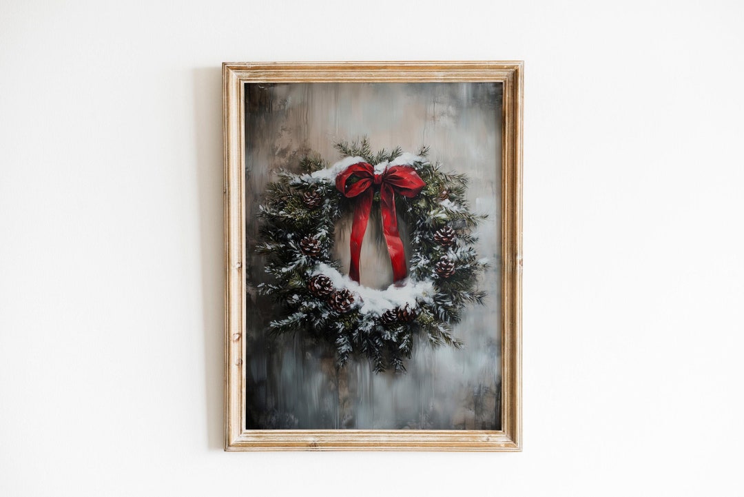 Christmas Wreath Wall Art Christmas Red Wreath Snow Vintage Christmas ...