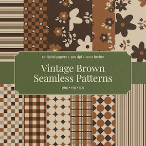 Peut inclure: Divers motifs de motifs sans couture marron vintage. Les motifs comprennent des motifs floraux, géométriques et rayés dans des tons de marron, beige et blanc. Le texte "Vintage Brown Seamless Patterns" et "12 papiers numériques • 300 dpi • 30,48cm x 30,48cm".