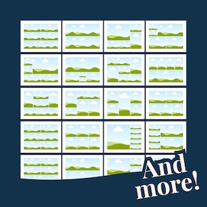 May include: Sixteen square images arranged in a grid, each showing a landscape with green hills, blue skies, and white clouds. The words "And more!" are in white, stylized text in the bottom right corner.
