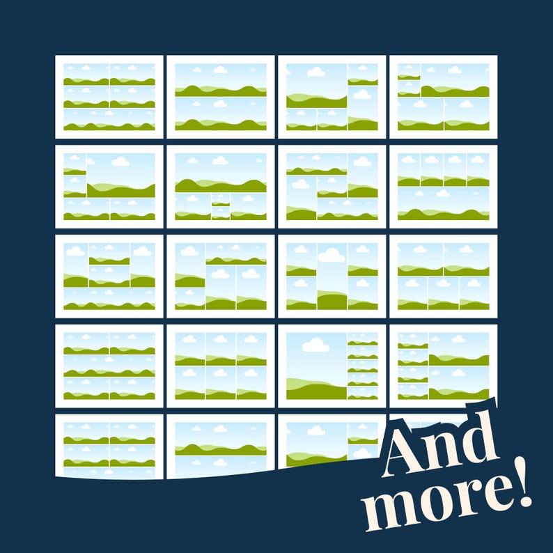 May include: Sixteen square images arranged in a grid, each showing a landscape with green hills, blue skies, and white clouds. The words "And more!" are in white, stylized text in the bottom right corner.