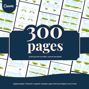 Puede incluir: Una plantilla digital de paquete de diario basura con 300 páginas. El diseño incluye papel rasgado, flores, formas orgánicas y geométricas. El logotipo de Canva está en la esquina superior izquierda.