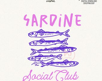 Sardine Social Club Fish SVG PNG Fisherman Aesthetic, Summer Trendy png Retro Maritime Market Sardine Trendy Hand Drawn