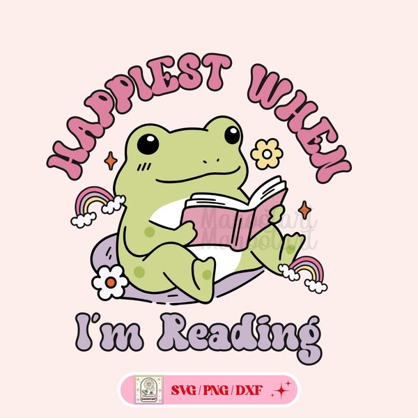 Happiest When I'm Reading SVG PNG T-Shiet,Frog retro Cute Trendy vintage,Gift for her,Stickers,Bookmarks,Bags,Sublimation,File for cricut.