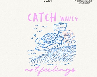 Catch Waves Turtle Surfing PNG SVG: Retro Summer Design (Digital Download