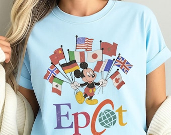 Camiseta vintage de Disney Epcot con banderas de Mickey y las naciones, estilo vintage de los años 90, unisex, de WDW, para el tour mundial de Disney Epcot y para viajes familiares a Disneyland.