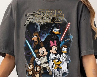 Chemise rétro Disney Star Wars, t-shirt Jedi rétro Mickey et ses amis, tenue de vacances en famille, t-shirt graphique dessin animé science-fiction Disney