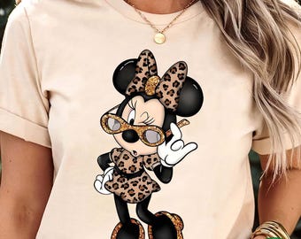 Camiseta de Minnie Mouse con estampado de leopardo, bonita camiseta de Minnie de Disney, camiseta con orejas de Minnie de leopardo, camiseta de leopardo para mujer, camisetas de vacaciones familiares de Disney