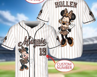 Personaliza la camiseta de béisbol de Minnie Mouse con estampado de leopardo de Disney, camiseta de Minnie Mouse de Disney, conjunto a juego con el equipo de béisbol de Disneyland, regalo de cumpleaños.