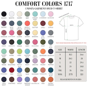 May include: A color chart for unisex garment-dyed t-shirts, featuring a wide array of colors with names like "Black," "White," and "Berry." The chart includes a size guide with measurements in inches for width and length.