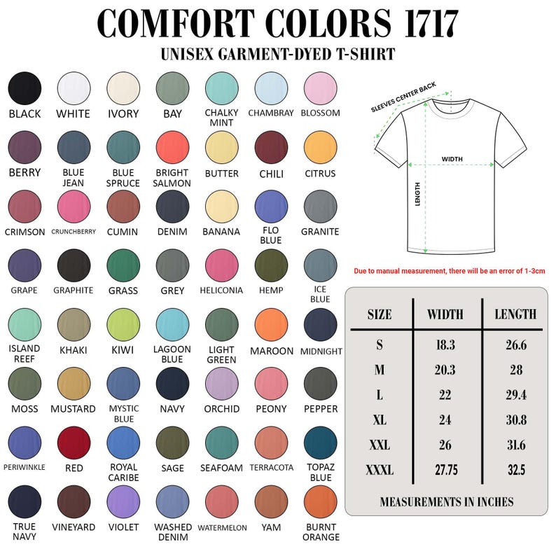 May include: A color chart for unisex garment-dyed t-shirts, featuring a wide array of colors with names like "Black," "White," and "Berry." The chart includes a size guide with measurements in inches for width and length.