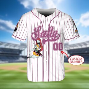 May include: White baseball jersey with purple pinstripes, featuring the name "Sally" in purple script. The number "00" is on the front. A cartoon image of Sally is on the front. The sleeves have cartoon images. The words "CUSTOM NUMBER" are in a red circle.