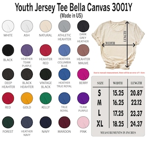 May include: A cream-colored youth jersey tee shirt from Bella Canvas 3001Y, with a size chart showing measurements in inches. The image also displays a color chart with various options like white, black, red, and navy.